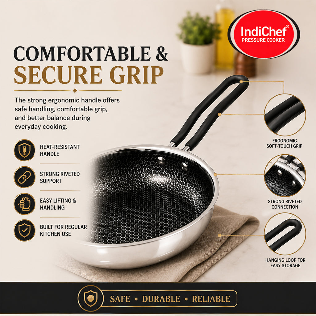 IndiChef Honeycomb Triply Stainless Steel Fry Pan with Lid | Heavy-Duty Base for Less-Oil, Healthy Cooking | Suitable for Induction & Gas | Durable, Scratch-Resistant Surface | 60 month warranty