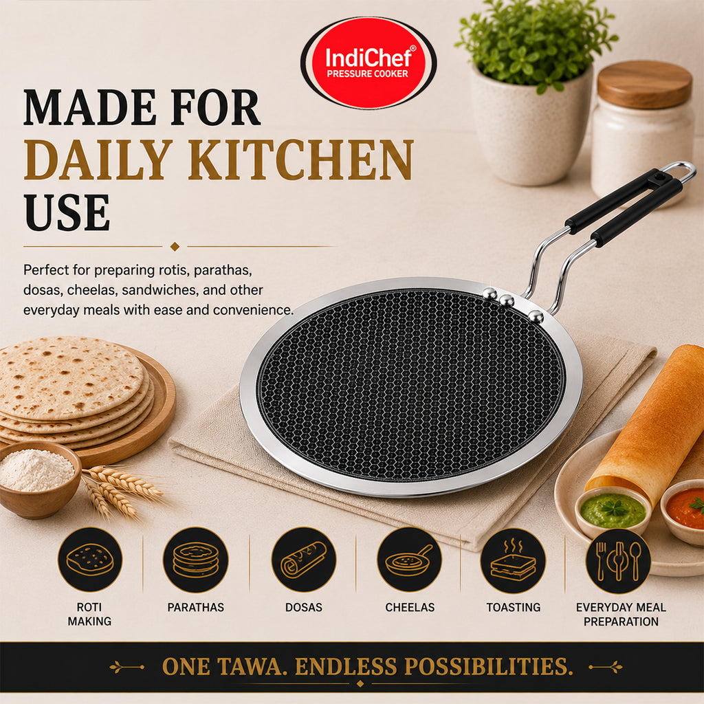 IndiChef Honeycomb triply Stainless Steel Roti Tawa | Heavy-Duty Base for Less-oil, Healthy Cooking | Suitable for Induction & Gas | Durable, Scratch-Resistant Surface | 60 month warranty