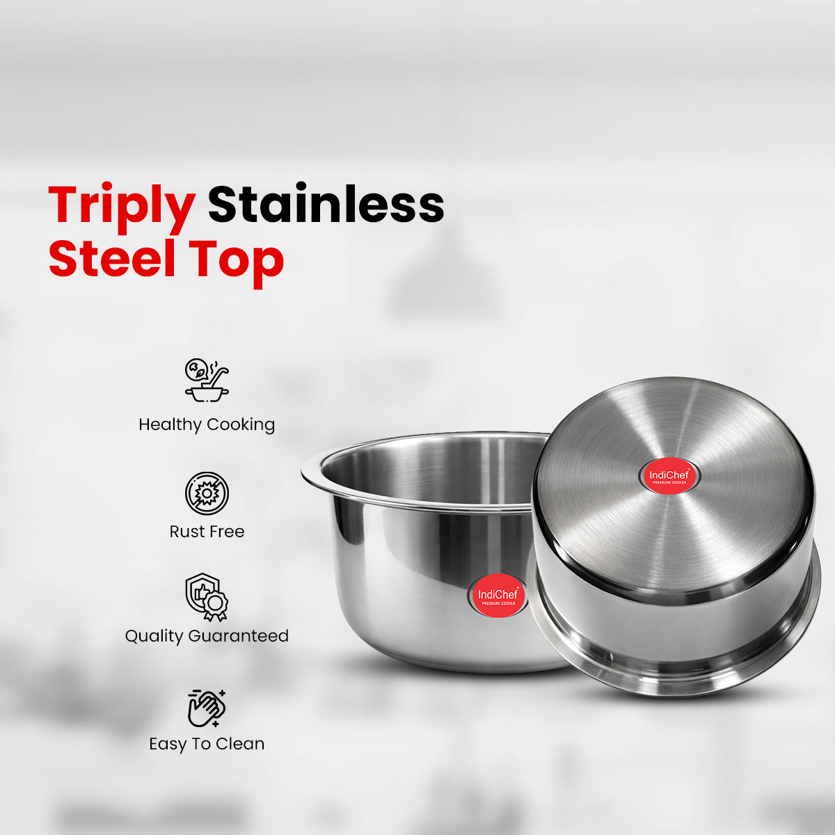 IndiChef Tri-Ply Stainless Steel TOPE | Heavy-Duty Base, Healthy Cooking | Suitable for Induction & Gas | Durable, Scratch-Resistant Surface |