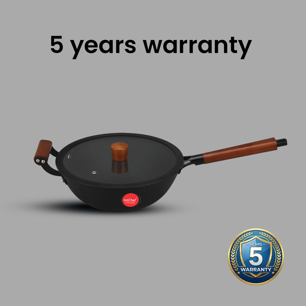 IndiChef Cast Iron Deep Wok With Cover | Wok For Frying Saute Cooking Kitchen Use | Long Handle With Side Helper For Lifting Control | Metal Body Round Base Pan With Lid For Food Preparation And Cooking