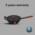IndiChef Cast Iron Deep Wok With Cover | Wok For Frying Saute Cooking Kitchen Use | Long Handle With Side Helper For Lifting Control | Metal Body Round Base Pan With Lid For Food Preparation And Cooking