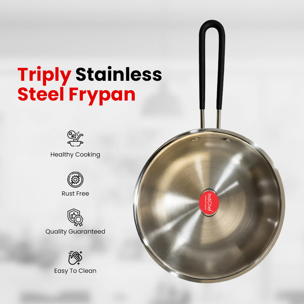 IndiChef Tri-Ply Stainless Steel Fry Pan | Heavy-Duty Base for Less-oil, Healthy Cooking | Suitable for Induction & Gas | Durable, Scratch-Resistant Surface |