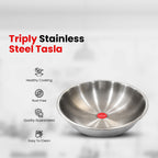 IndiChef Tri-Ply Stainless Steel Tasla | 2.5 mm Thick Heavy-Duty Base for Quick & Uniform Heating | Designed for Less-oil, Healthy Cooking | Suitable for Induction & Gas Stoves