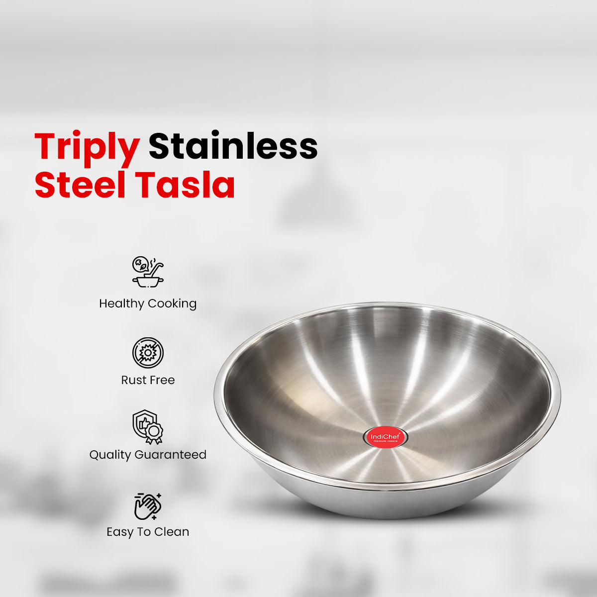 IndiChef Tri-Ply Stainless Steel Tasla | 2.5 mm Thick Heavy-Duty Base for Quick & Uniform Heating | Designed for Less-oil, Healthy Cooking | Suitable for Induction & Gas Stoves