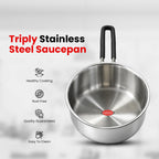 Indichef Triply Stainless Steel Saucepan with Lid | 2.5 mm Thick | Tea, Chai Pan | Induction & Gas Friendly, Heavy Bottom - Silver