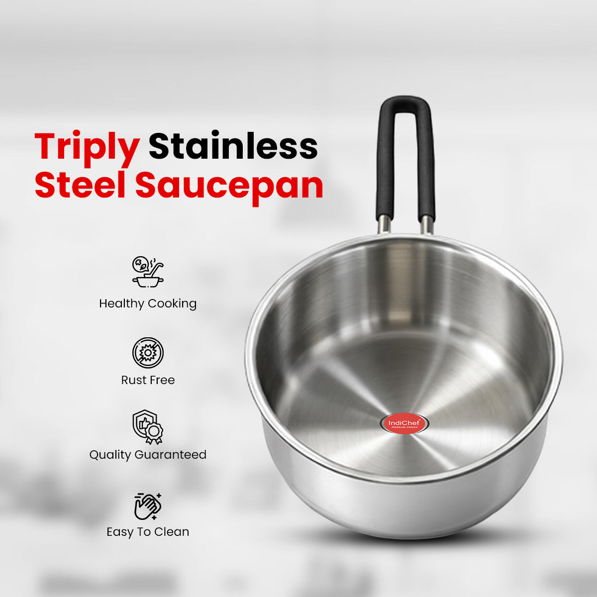 Indichef Triply Stainless Steel Saucepan with Lid | 2.5 mm Thick | Tea, Chai Pan | Induction & Gas Friendly, Heavy Bottom - Silver