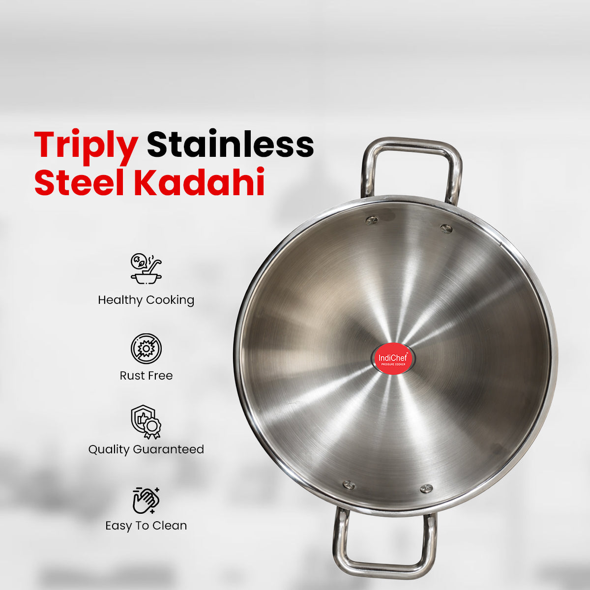 IndiChef Tri-Ply Stainless Steel Kadahi/Kadhai | Heavy-Duty Base for Less-oil, Healthy Cooking | Suitable for Induction & Gas | Durable, Scratch-Resistant Surface |