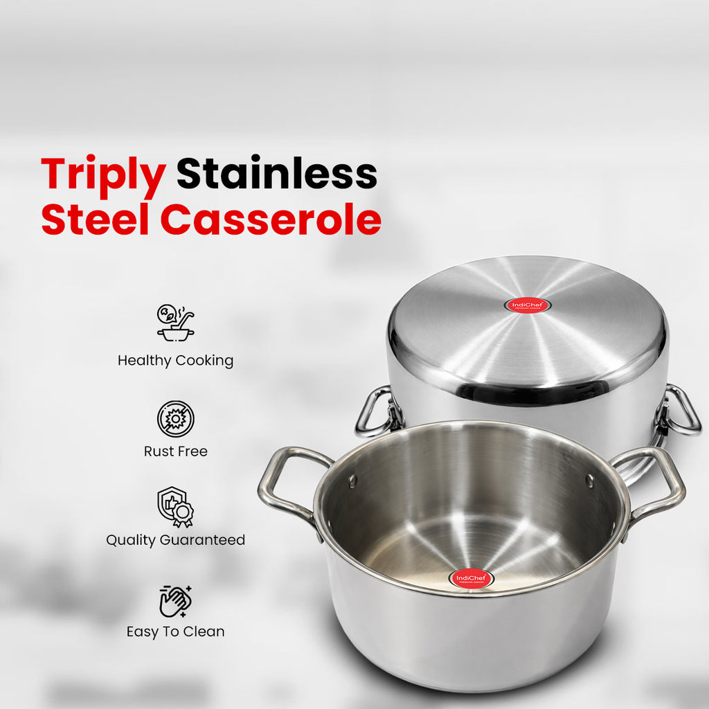 IndiChef Tri-Ply Stainless Steel Saucepot/Casserole | Heavy-Duty Base for Less-oil, Healthy Cooking | Suitable for Induction & Gas | Durable, Scratch-Resistant Surface |