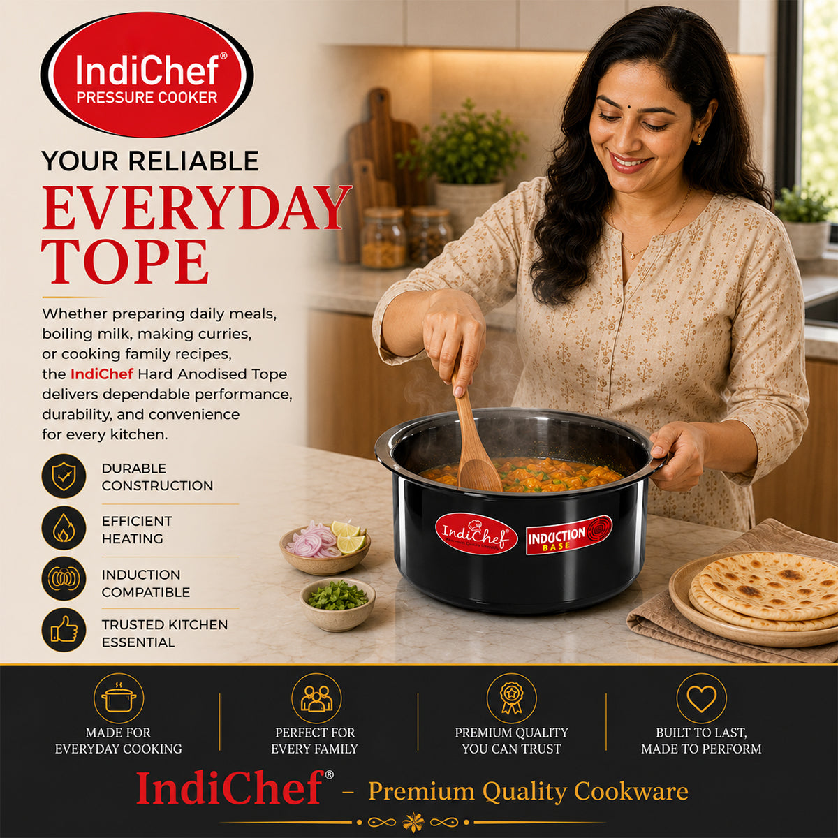IndiChef Hard Anodised Top | Gas Stove & Induction Friendly |Metal Spoon Safe, Riveted Handle, Healthy Cooking, less Oil Use, Easy to Clean