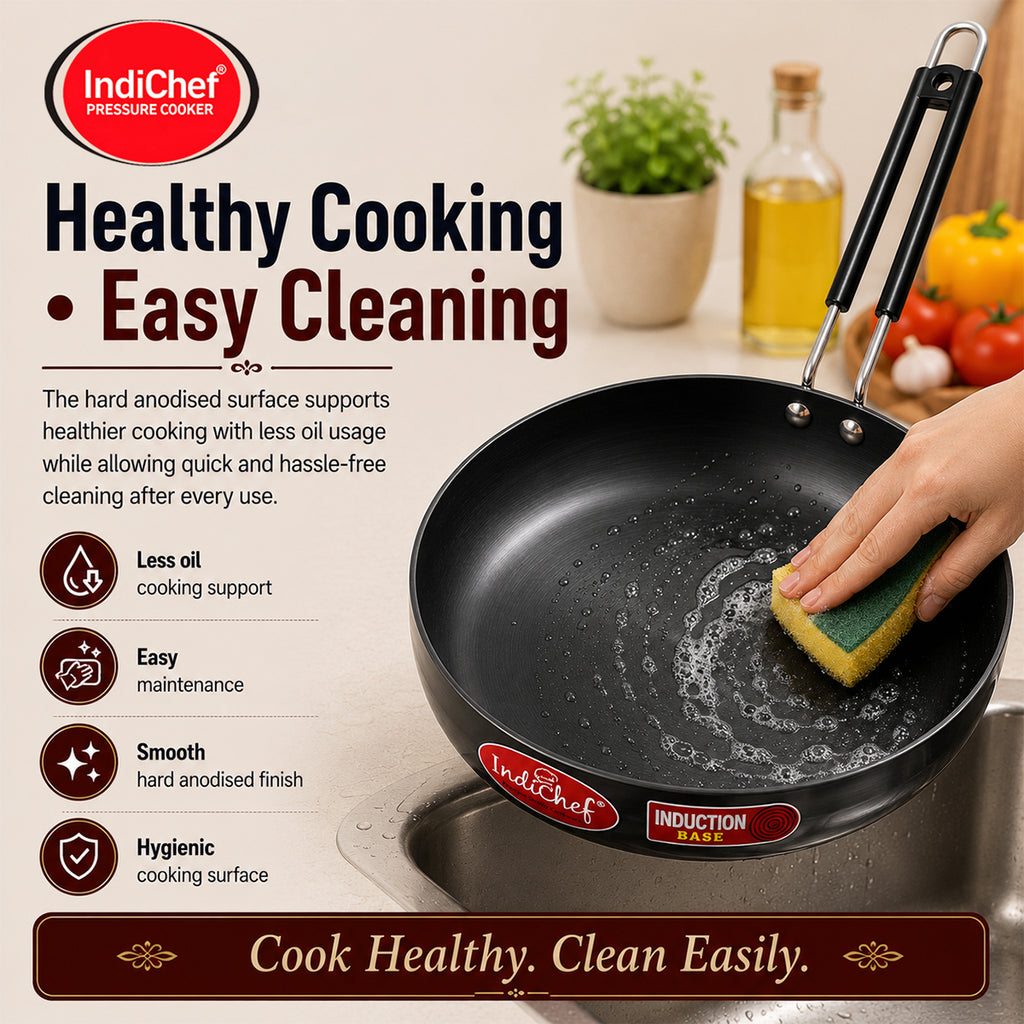 IndiChef Hard Anodised Frypan with Lid | Gas Stove & Induction Friendly |Metal Spoon Safe, Riveted Handle, Healthy Cooking, less Oil Use, Easy to Clean |