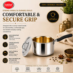 IndiChef Brass Triply Saucepan Tea pan Milk pan in heavy weight with Lid | Gas Stove & Induction Friendly | Insulated Heat-Resistant Handle | Pure Pital/Brass Tea Pan with Triply body | Chemical-Free