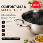 IndiChef Honeycomb triply Stainless Steel kadahi/kadhai with Lid | Heavy-Duty Base for Less-oil, Healthy Cooking | Suitable for Induction & Gas | Durable, Scratch-Resistant Surface | 60 month warranty