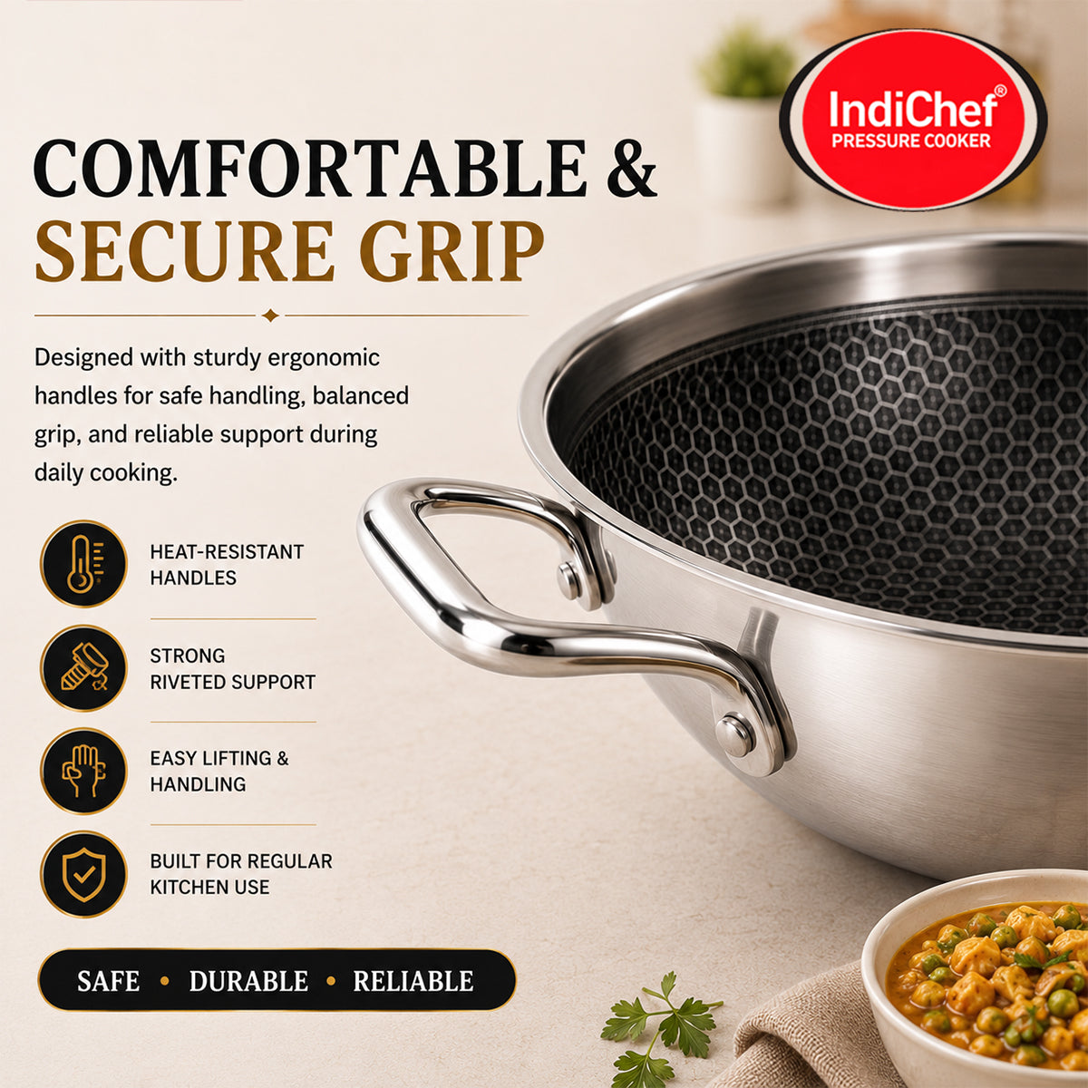 IndiChef Honeycomb triply Stainless Steel kadahi/kadhai with Lid | Heavy-Duty Base for Less-oil, Healthy Cooking | Suitable for Induction & Gas | Durable, Scratch-Resistant Surface | 60 month warranty