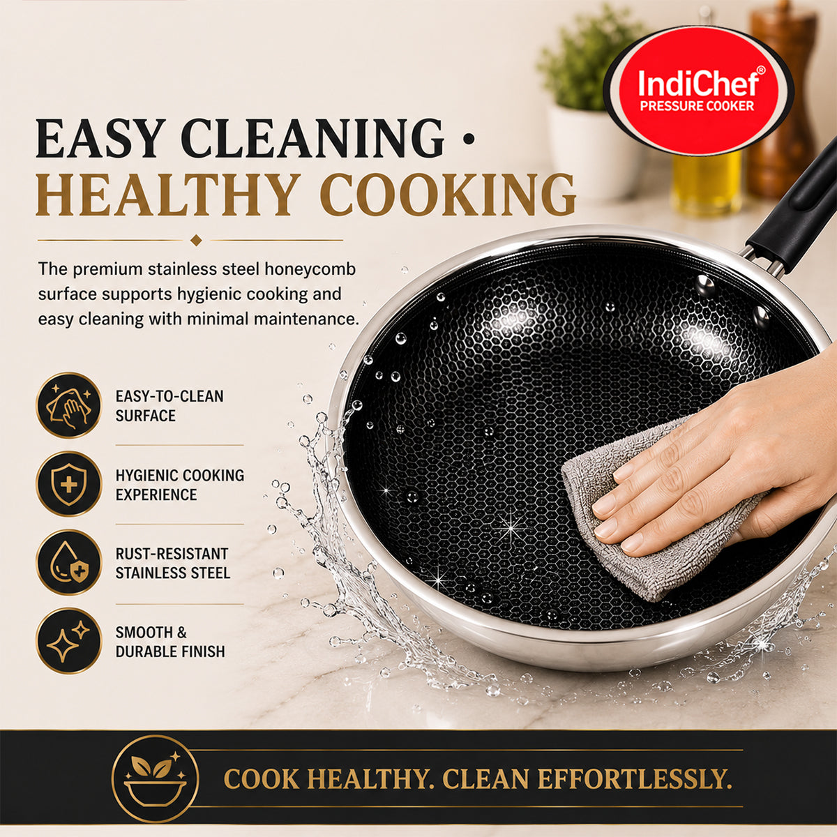 IndiChef Honeycomb Triply Stainless Steel Fry Pan with Lid | Heavy-Duty Base for Less-Oil, Healthy Cooking | Suitable for Induction & Gas | Durable, Scratch-Resistant Surface | 60 month warranty