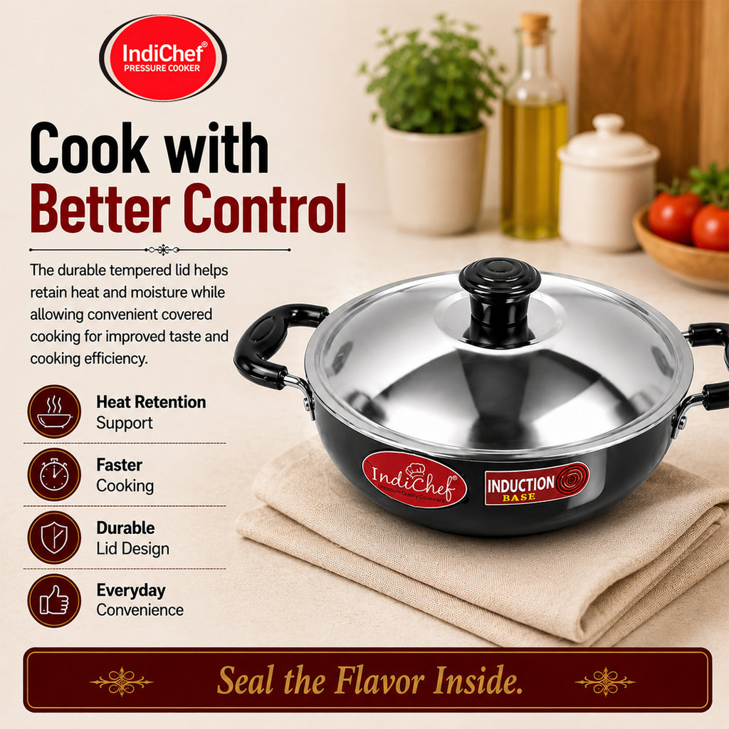IndiChef Hard Anodised Kadhai with Lid | Gas Stove & Induction Friendly | Metal Spoon Safe | Riveted Handle | Easy to Clean |