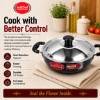 IndiChef Hard Anodised Kadhai with Lid | Gas Stove & Induction Friendly | Metal Spoon Safe | Riveted Handle | Easy to Clean |