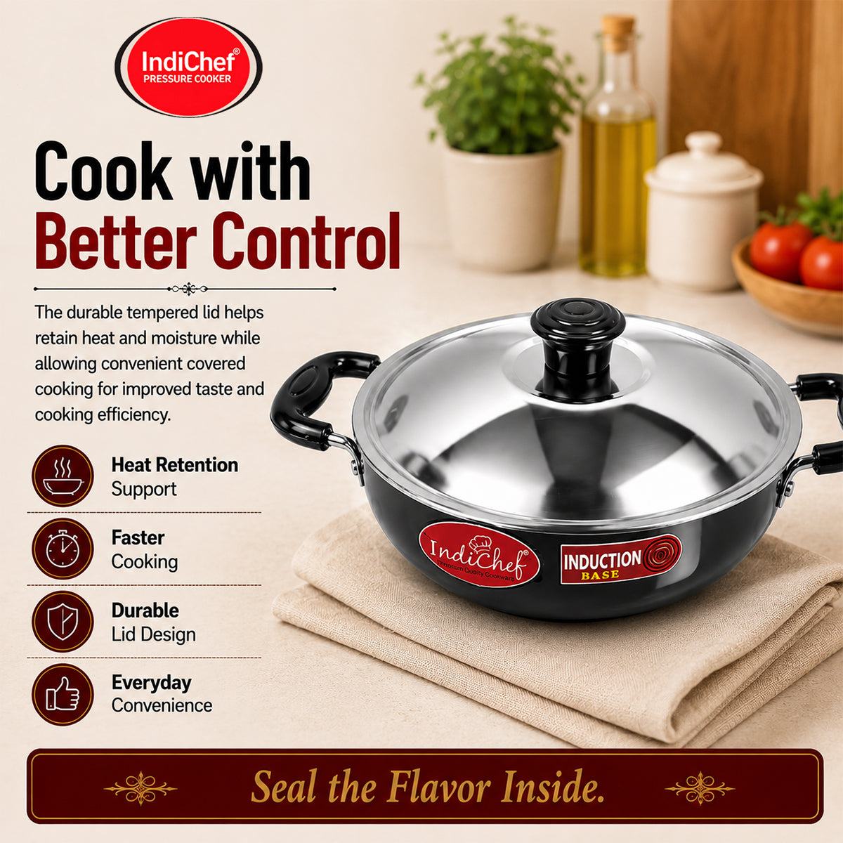 IndiChef Hard Anodised Kadhai with Lid | Gas Stove & Induction Friendly | Metal Spoon Safe | Riveted Handle | Easy to Clean |