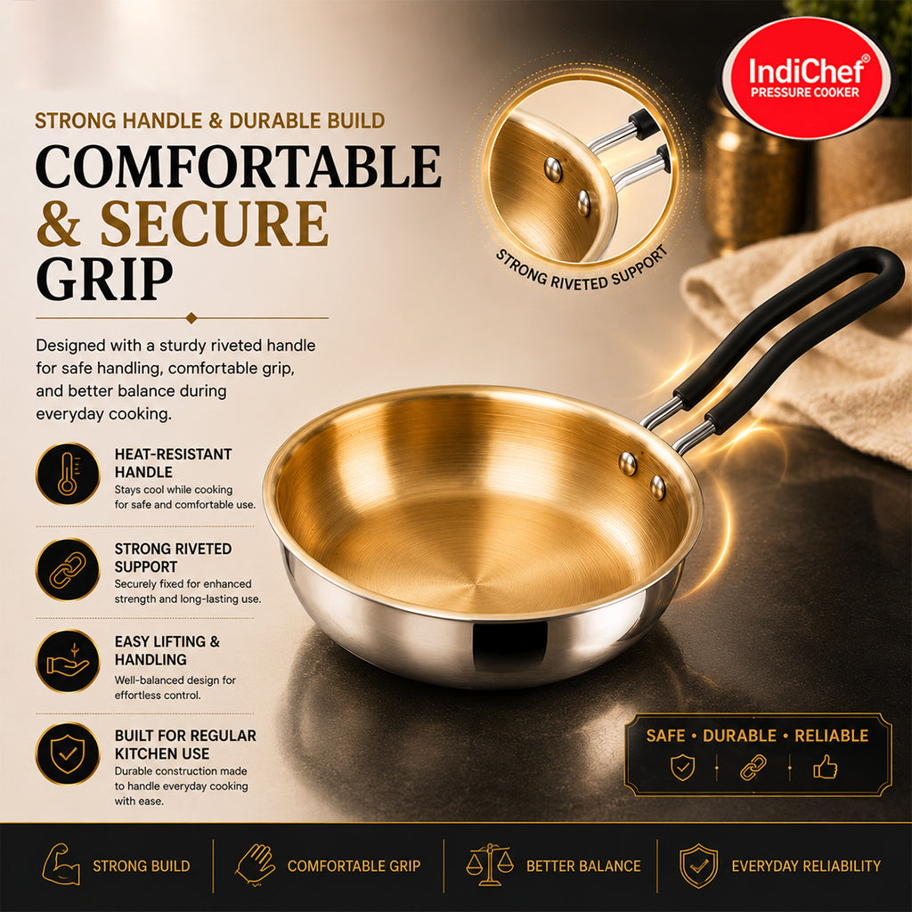 IndiChef Brass Triply Frypan in heavy weight with Lid | Gas Stove & Induction Friendly | Insulated Heat-Resistant Handle | Pure Pital/Brass Tea Pan with Triply body | Chemical-Free