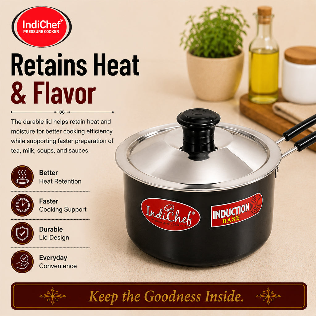 IndiChef Hard Anodised Saucepan Tea pan Milk pan with Lid | Gas Stove & Induction Friendly |Metal Spoon Safe, Riveted Handle, Healthy Cooking, less Oil Use, Easy to Clean |