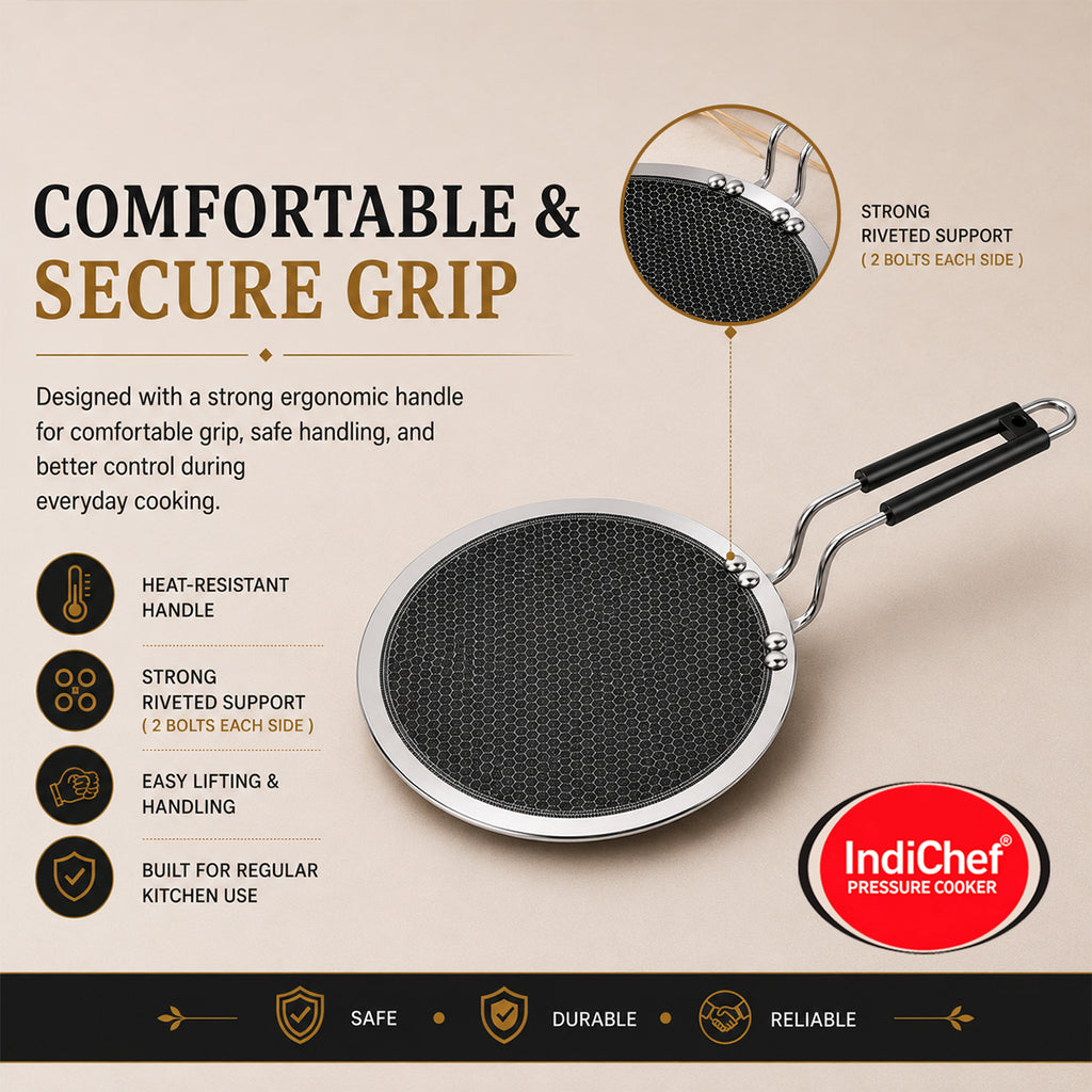 IndiChef Honeycomb triply Stainless Steel Roti Tawa | Heavy-Duty Base for Less-oil, Healthy Cooking | Suitable for Induction & Gas | Durable, Scratch-Resistant Surface | 60 month warranty