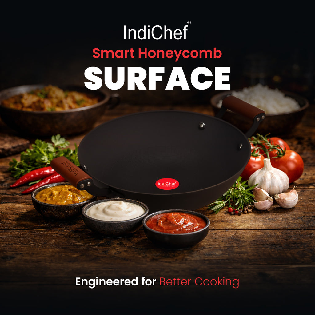 IndiChef Cast Iron Kadahi Cooking Pan with Lid | for Kitchen Frying Saute Cooking Use | Deep Kadhai with Cover | Metal Body Cooking Utensil | Gas Stove Compatible Cooking Pan with Handle and Lid