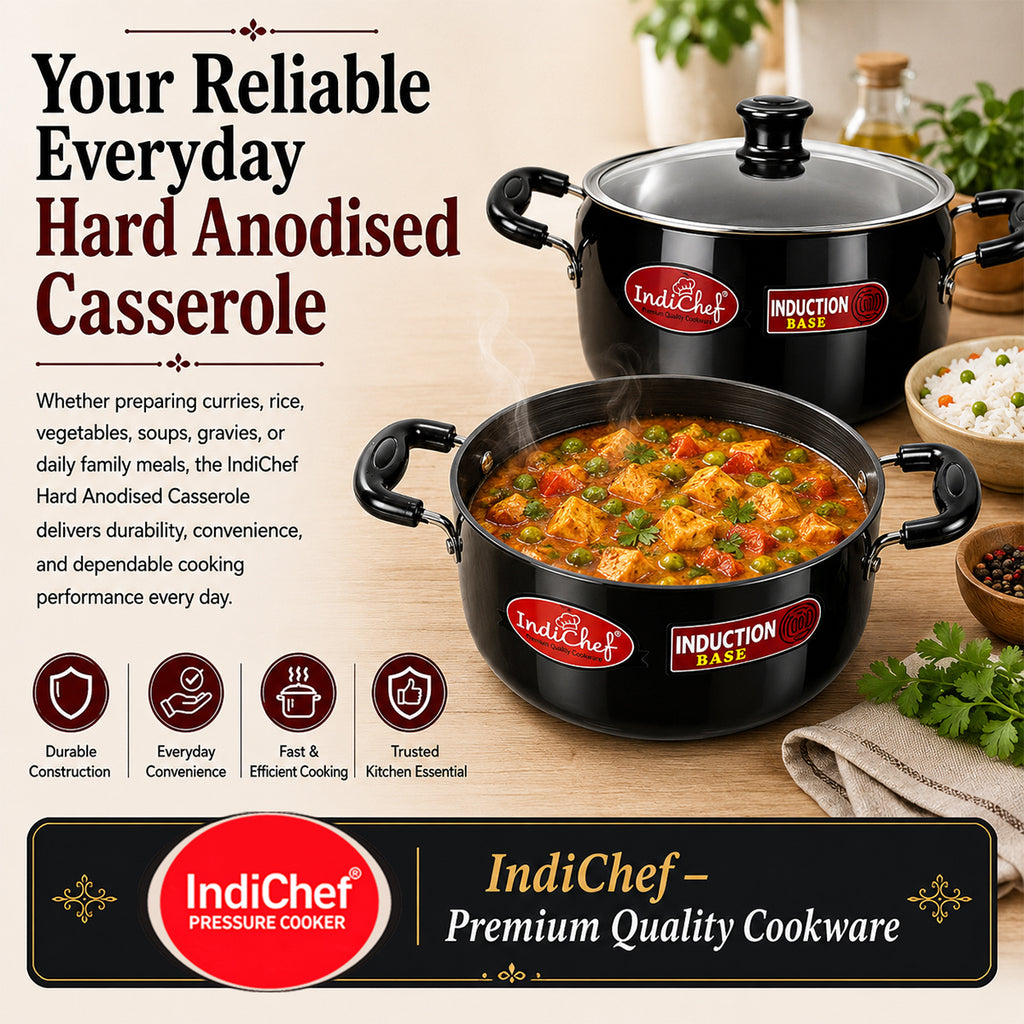 IndiChef Hard Anodised casserole with Lid | Gas Stove & Induction Friendly |Metal Spoon Safe, Riveted Handle, Healthy Cooking, less Oil Use, Easy to Clean