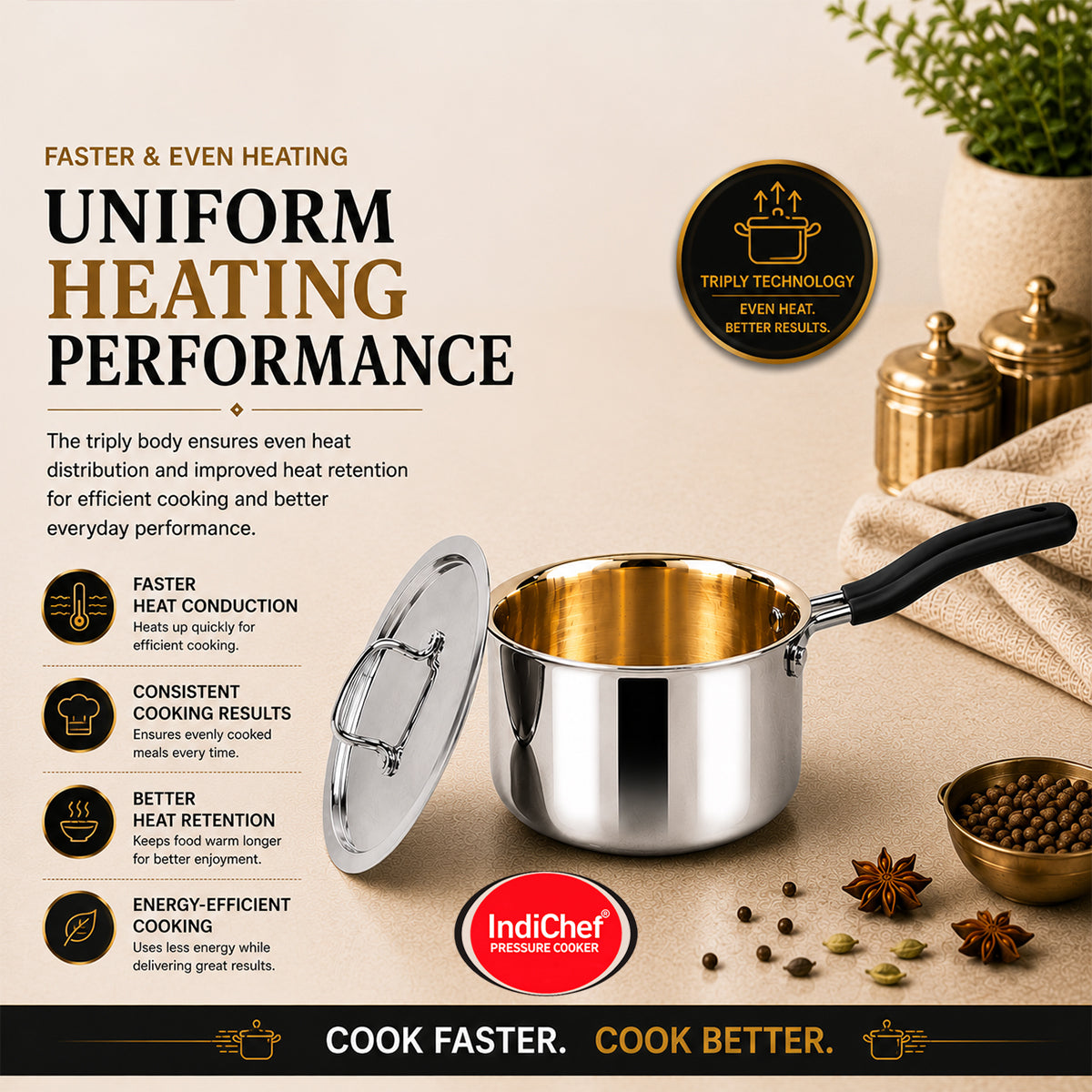 IndiChef Brass Triply Saucepan Tea pan Milk pan in heavy weight with Lid | Gas Stove & Induction Friendly | Insulated Heat-Resistant Handle | Pure Pital/Brass Tea Pan with Triply body | Chemical-Free