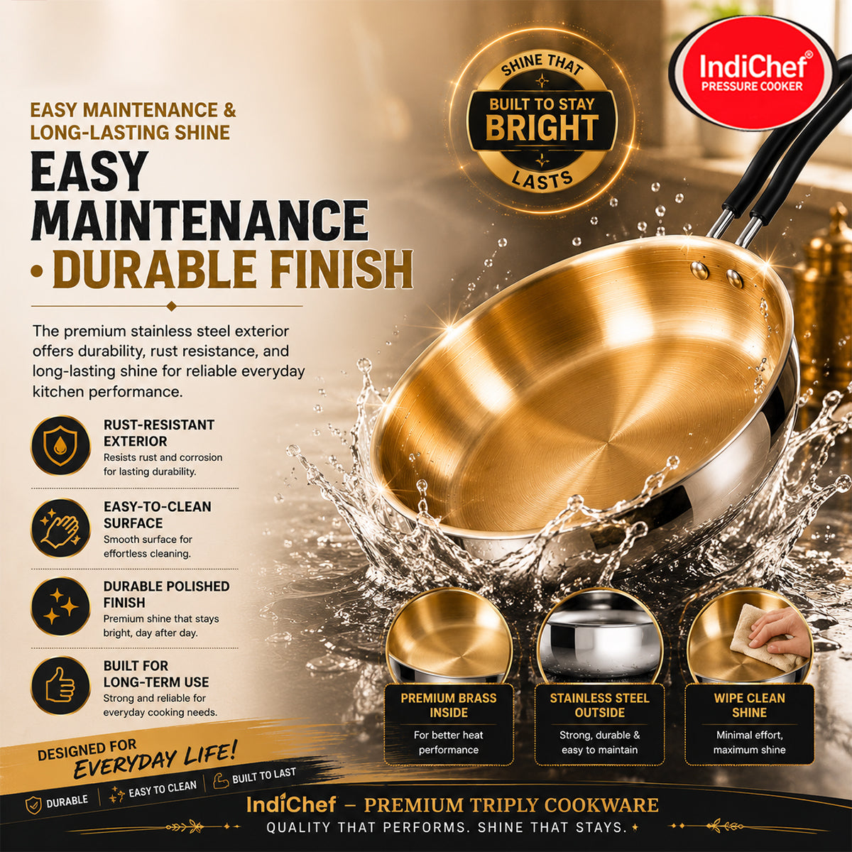 IndiChef Brass Triply Frypan in heavy weight with Lid | Gas Stove & Induction Friendly | Insulated Heat-Resistant Handle | Pure Pital/Brass Tea Pan with Triply body | Chemical-Free