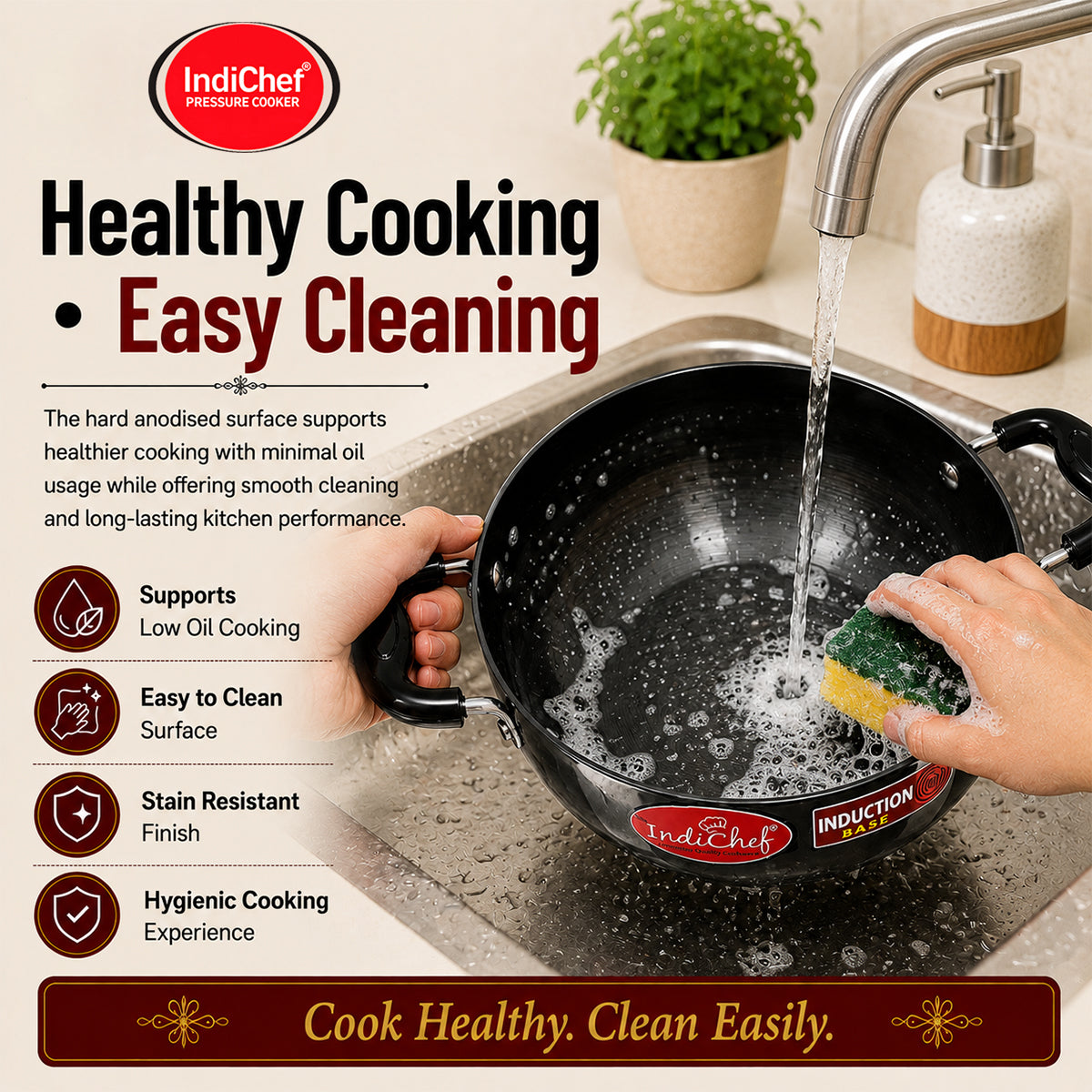 IndiChef Hard Anodised Kadhai with Lid | Gas Stove & Induction Friendly | Metal Spoon Safe | Riveted Handle | Easy to Clean |