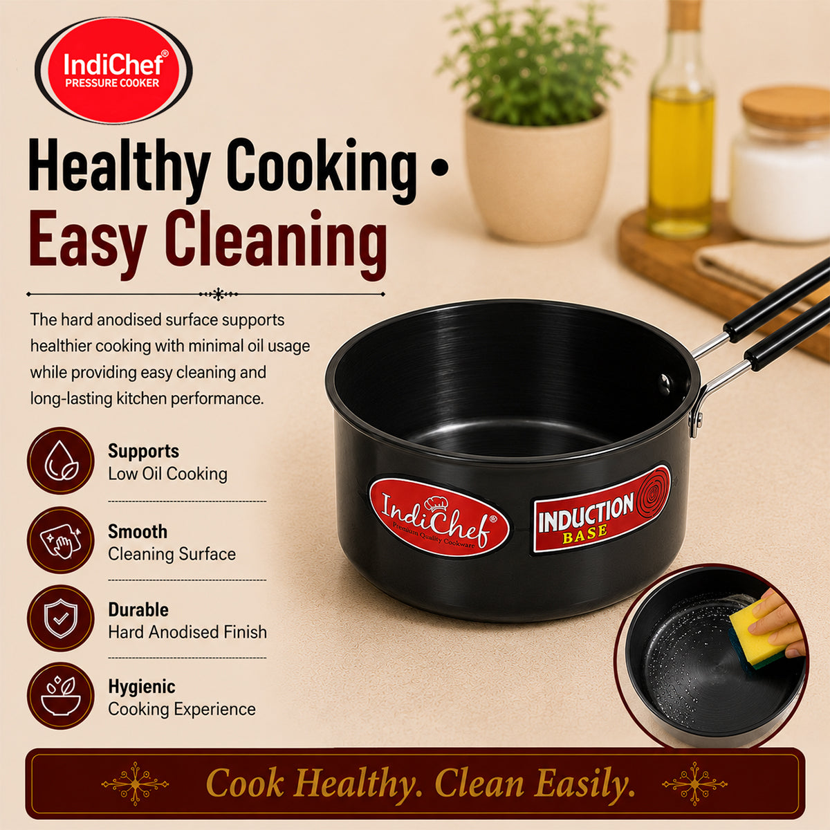 IndiChef Hard Anodised Saucepan Tea pan Milk pan with Lid | Gas Stove & Induction Friendly |Metal Spoon Safe, Riveted Handle, Healthy Cooking, less Oil Use, Easy to Clean |