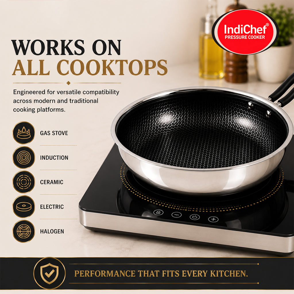IndiChef Honeycomb Triply Stainless Steel Fry Pan with Lid | Heavy-Duty Base for Less-Oil, Healthy Cooking | Suitable for Induction & Gas | Durable, Scratch-Resistant Surface | 60 month warranty