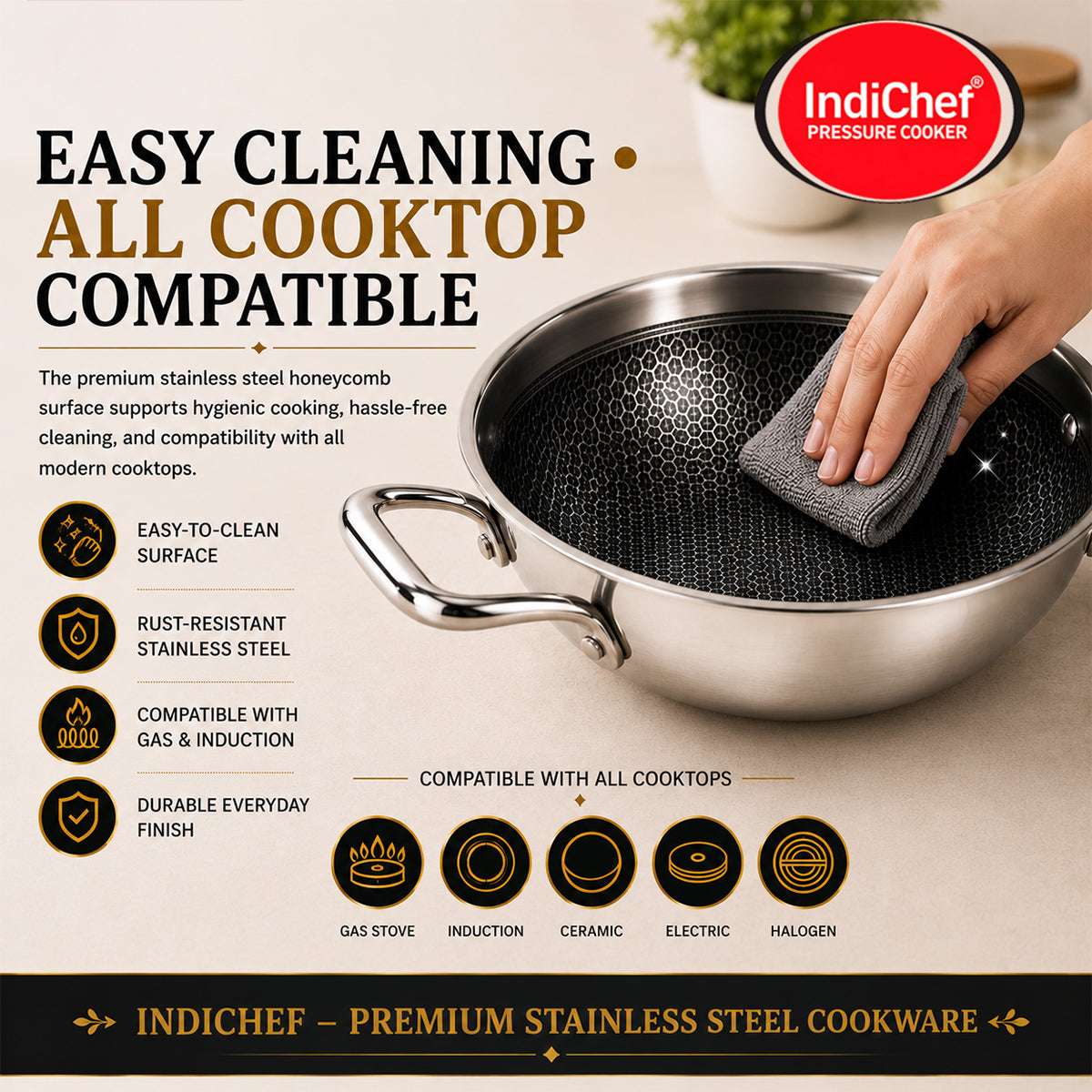 IndiChef Honeycomb triply Stainless Steel kadahi/kadhai with Lid | Heavy-Duty Base for Less-oil, Healthy Cooking | Suitable for Induction & Gas | Durable, Scratch-Resistant Surface | 60 month warranty