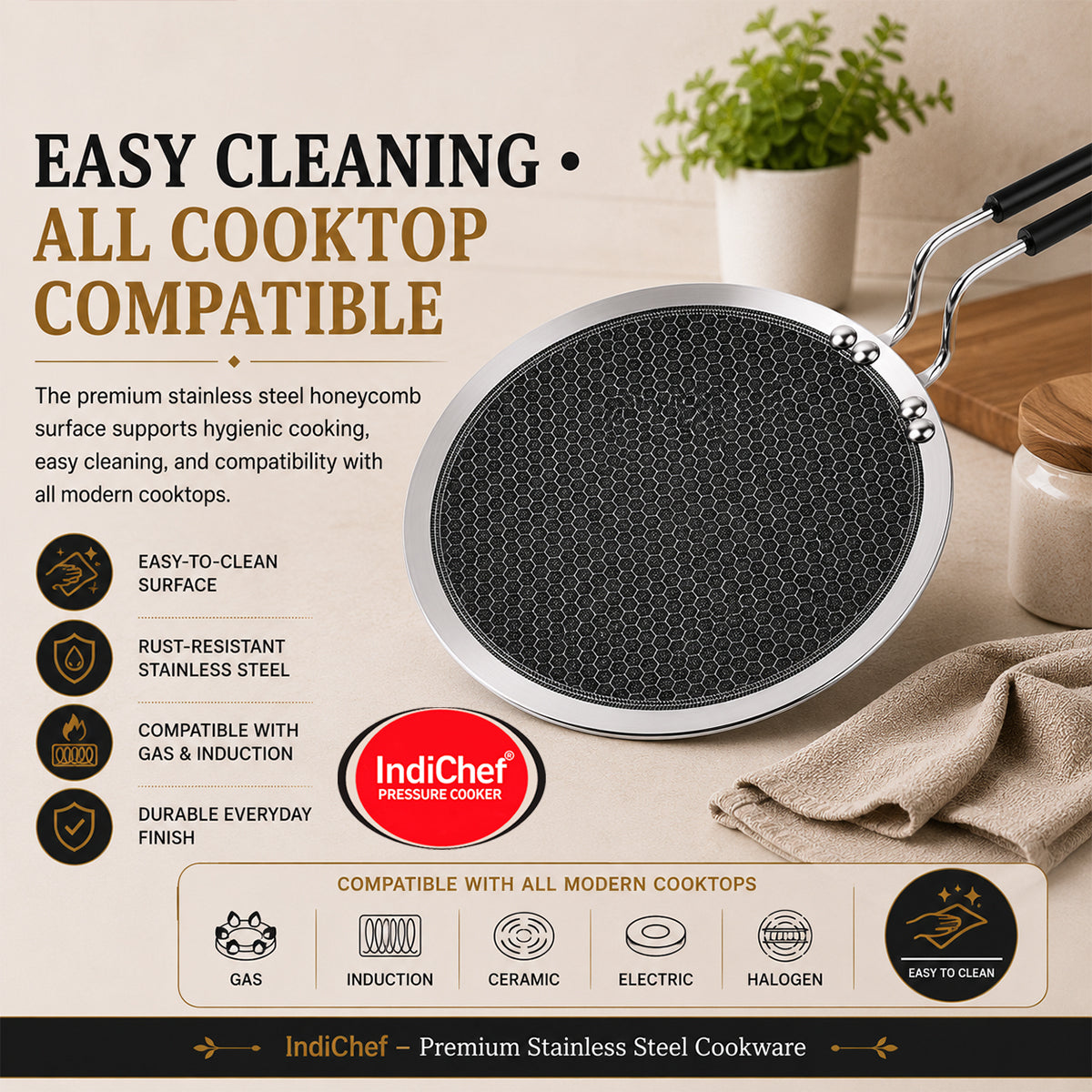 IndiChef Honeycomb triply Stainless Steel Roti Tawa | Heavy-Duty Base for Less-oil, Healthy Cooking | Suitable for Induction & Gas | Durable, Scratch-Resistant Surface | 60 month warranty