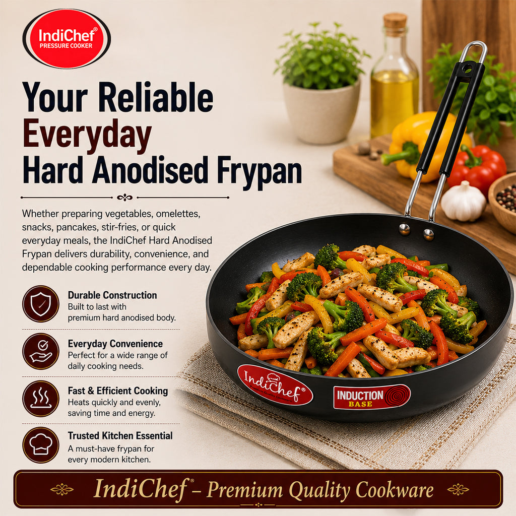 IndiChef Hard Anodised Frypan with Lid | Gas Stove & Induction Friendly |Metal Spoon Safe, Riveted Handle, Healthy Cooking, less Oil Use, Easy to Clean |