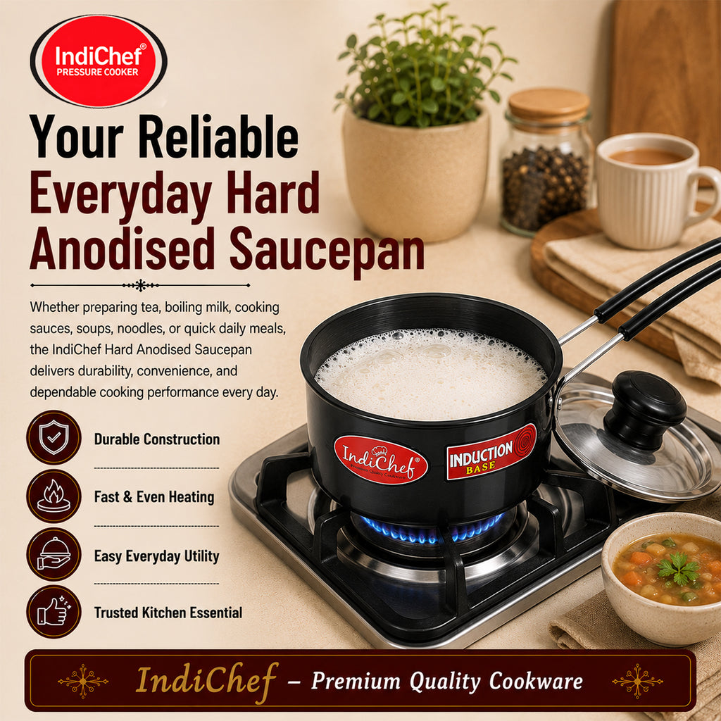 IndiChef Hard Anodised Saucepan Tea pan Milk pan with Lid | Gas Stove & Induction Friendly |Metal Spoon Safe, Riveted Handle, Healthy Cooking, less Oil Use, Easy to Clean |