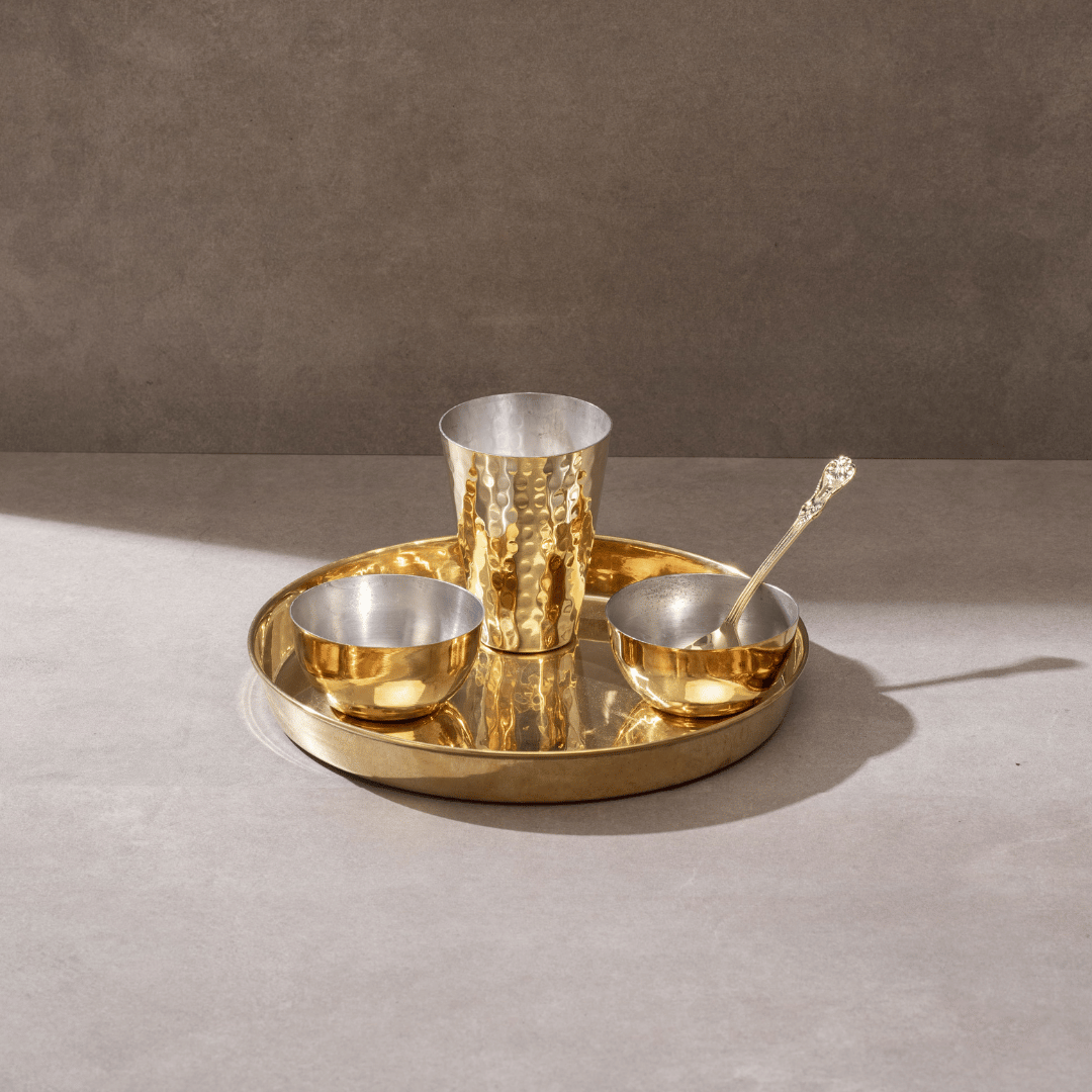 Brass Thaali Set - 30 pieces dinner set (6 Thaali, 12 bowls, 6 glass and 6 spoon)