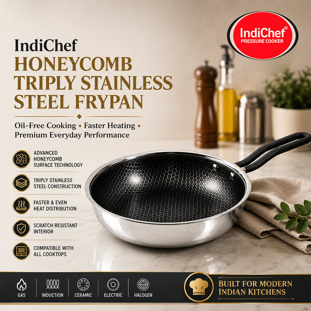 IndiChef Honeycomb Triply Stainless Steel Fry Pan with Lid | Heavy-Duty Base for Less-Oil, Healthy Cooking | Suitable for Induction & Gas | Durable, Scratch-Resistant Surface | 60 month warranty