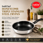 IndiChef Honeycomb Triply Stainless Steel Fry Pan with Lid | Heavy-Duty Base for Less-Oil, Healthy Cooking | Suitable for Induction & Gas | Durable, Scratch-Resistant Surface | 60 month warranty