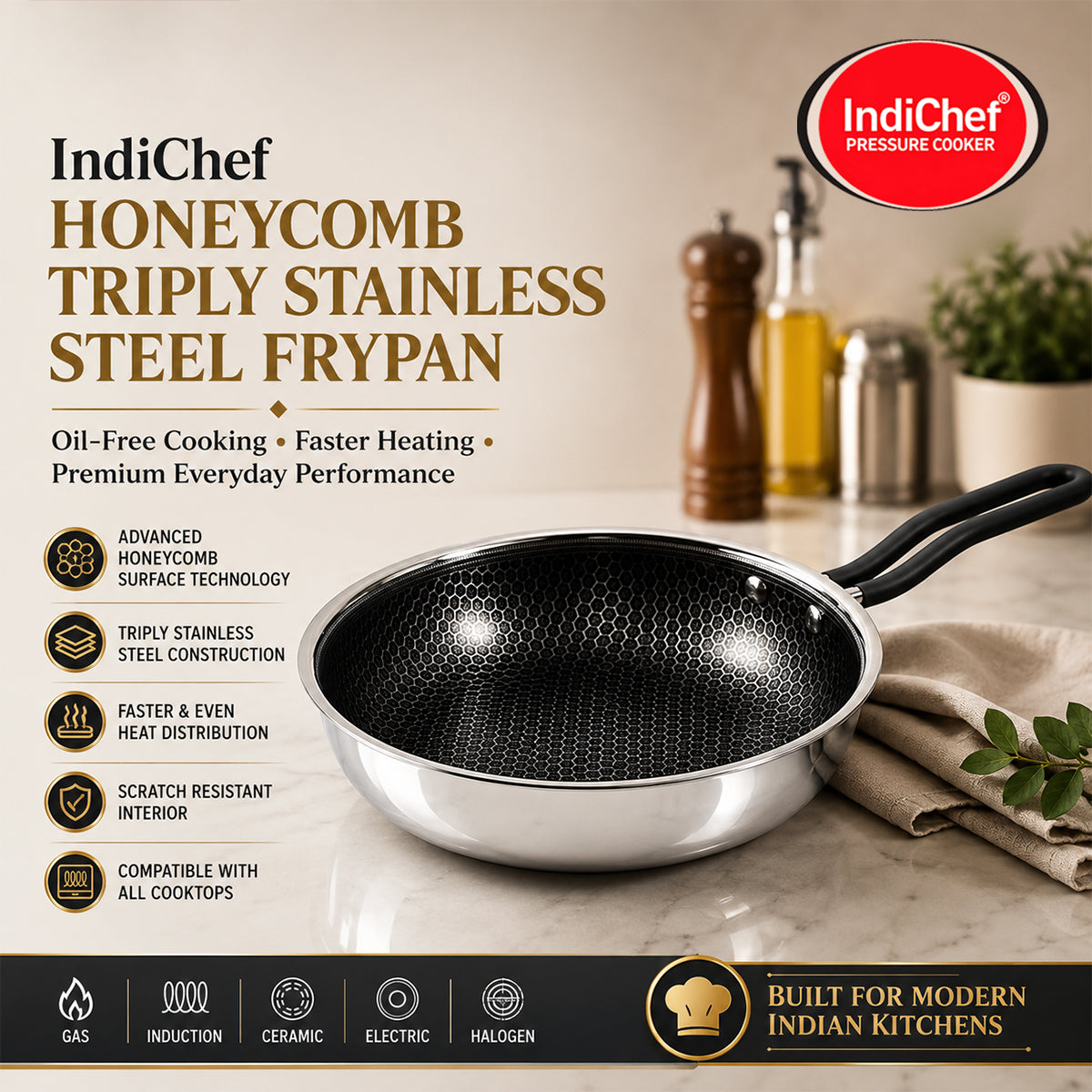 IndiChef Honeycomb Triply Stainless Steel Fry Pan with Lid | Heavy-Duty Base for Less-Oil, Healthy Cooking | Suitable for Induction & Gas | Durable, Scratch-Resistant Surface | 60 month warranty