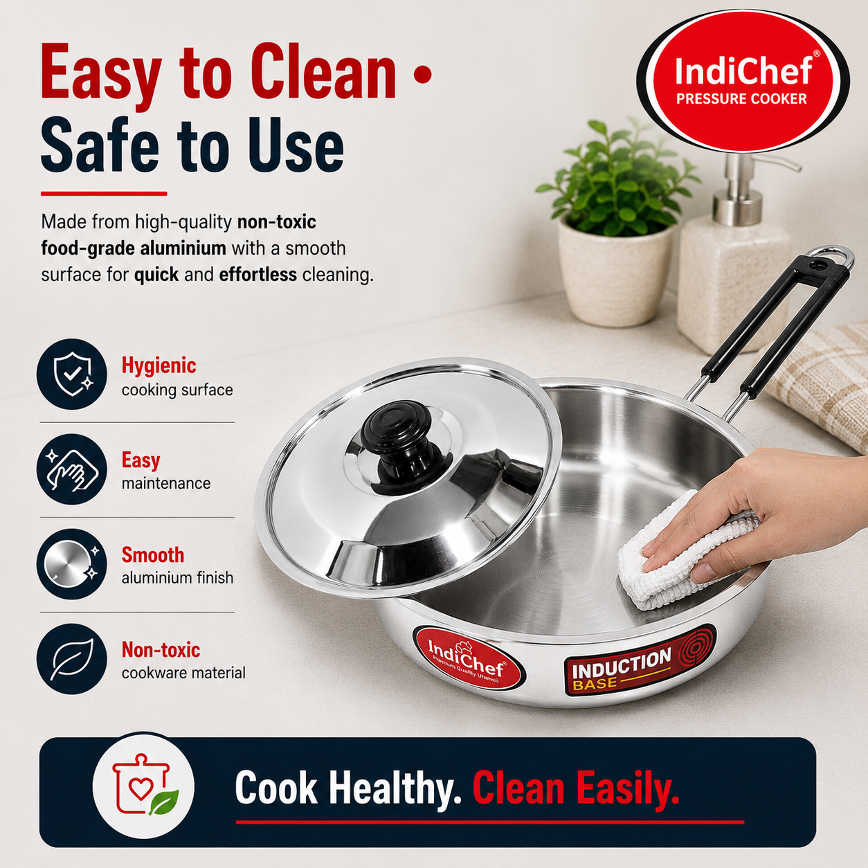 IndiChef Aluminium Induction friendly Frypan with Lid | Heavy Bottom Frying Pan for Daily Cooking | Heavy Weight Multipurpose Silver Cookware | Non Toxic Aluminium |