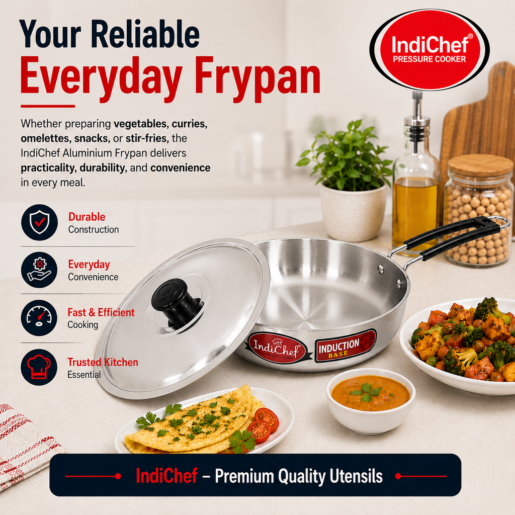 IndiChef Aluminium Induction friendly Frypan with Lid | Heavy Bottom Frying Pan for Daily Cooking | Heavy Weight Multipurpose Silver Cookware | Non Toxic Aluminium |