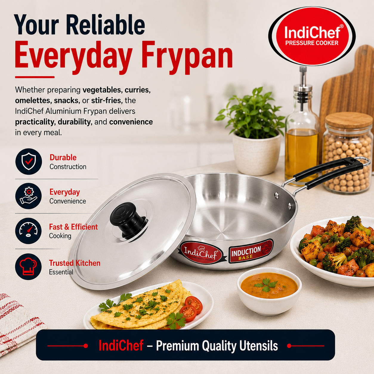 IndiChef Aluminium Induction friendly Frypan with Lid | Heavy Bottom Frying Pan for Daily Cooking | Heavy Weight Multipurpose Silver Cookware | Non Toxic Aluminium |