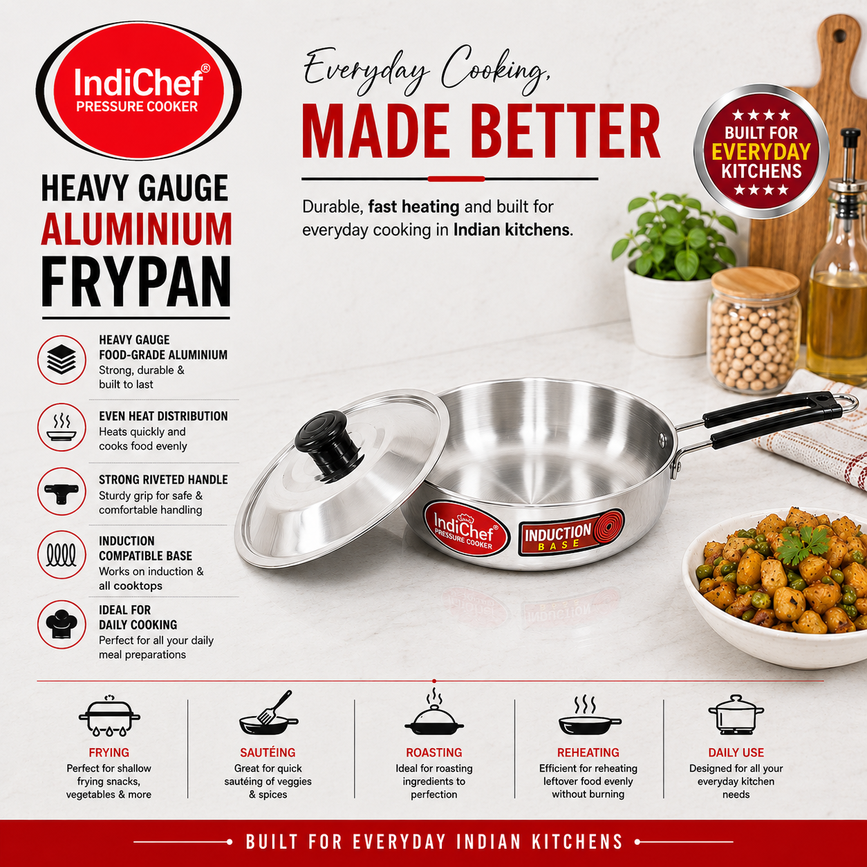IndiChef Aluminium Induction friendly Frypan with Lid | Heavy Bottom Frying Pan for Daily Cooking | Heavy Weight Multipurpose Silver Cookware | Non Toxic Aluminium |