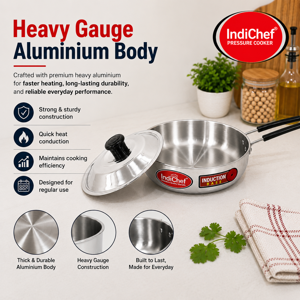IndiChef Aluminium Induction friendly Frypan with Lid | Heavy Bottom Frying Pan for Daily Cooking | Heavy Weight Multipurpose Silver Cookware | Non Toxic Aluminium |
