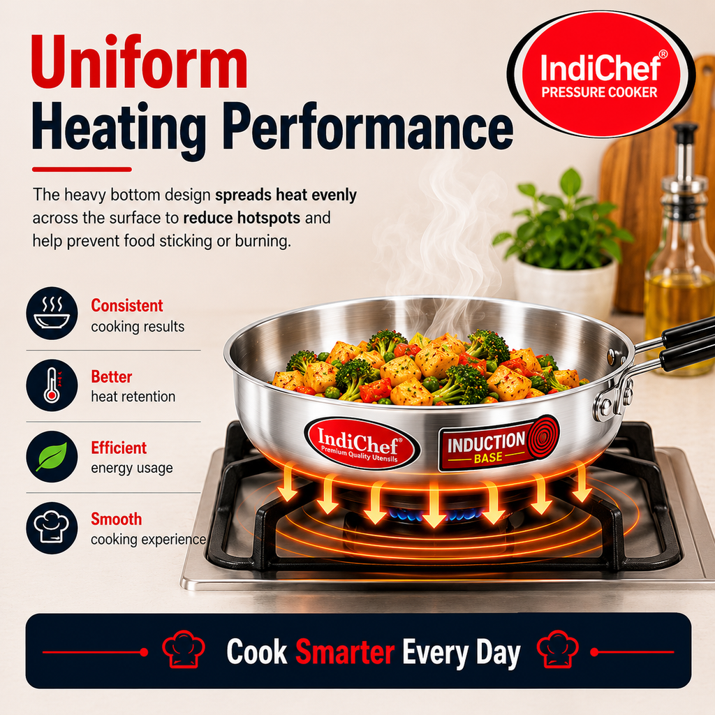 IndiChef Aluminium Induction friendly Frypan with Lid | Heavy Bottom Frying Pan for Daily Cooking | Heavy Weight Multipurpose Silver Cookware | Non Toxic Aluminium |