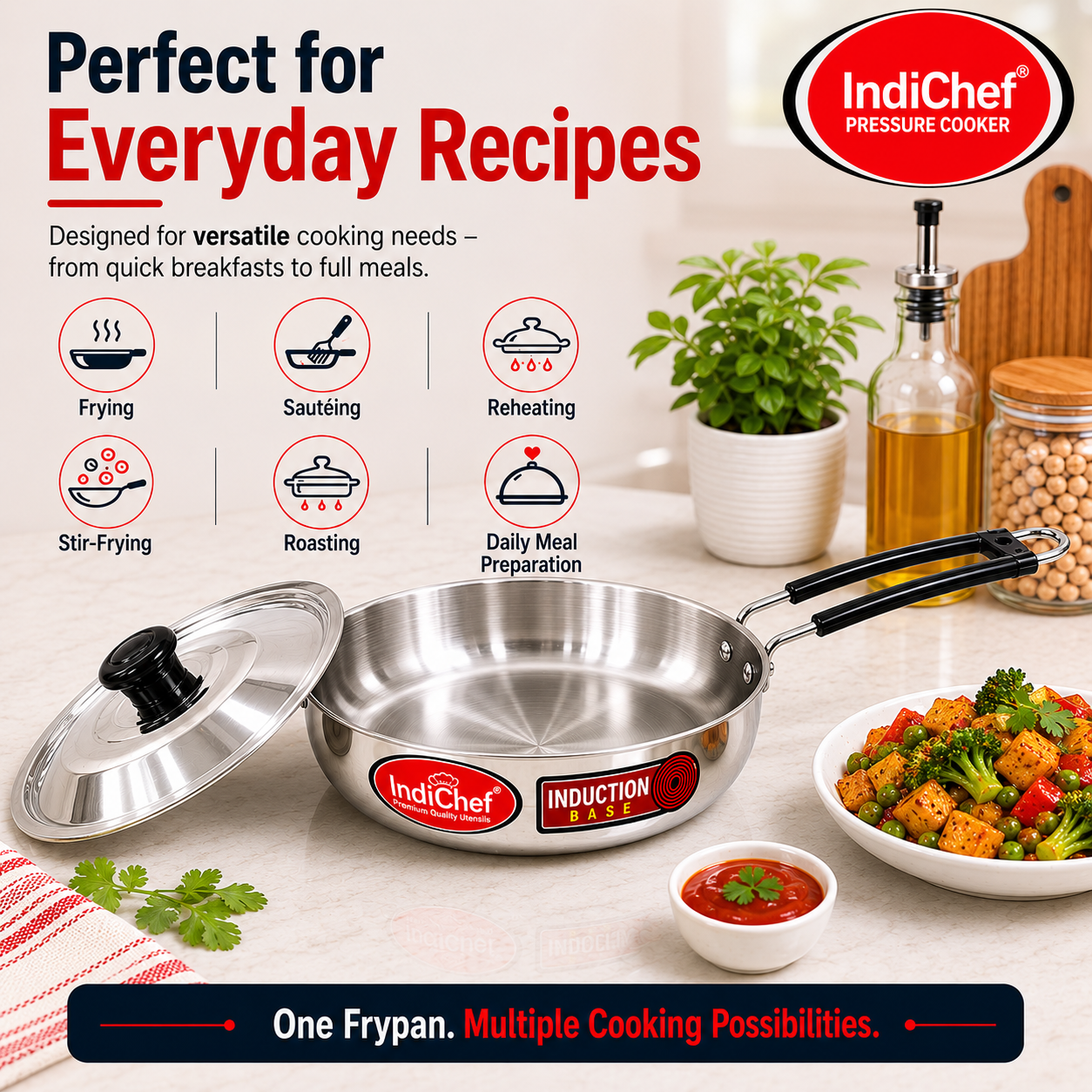 IndiChef Aluminium Induction friendly Frypan with Lid | Heavy Bottom Frying Pan for Daily Cooking | Heavy Weight Multipurpose Silver Cookware | Non Toxic Aluminium |