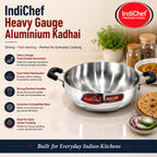 IndiChef Aluminium induction friendly Kadhai with Lid | Heavy Bottom Heavy Weight Kadai for Deep Frying & Cooking | Multipurpose Silver Cookware | Non Toxic Aluminium |