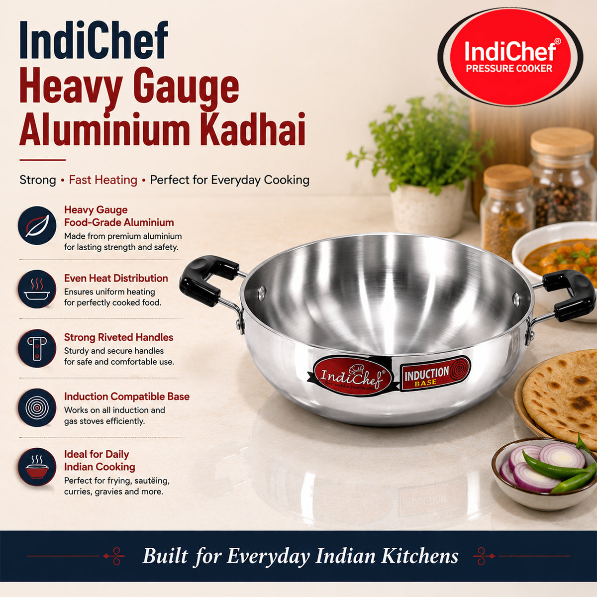 IndiChef Aluminium induction friendly Kadhai with Lid | Heavy Bottom Heavy Weight Kadai for Deep Frying & Cooking | Multipurpose Silver Cookware | Non Toxic Aluminium |