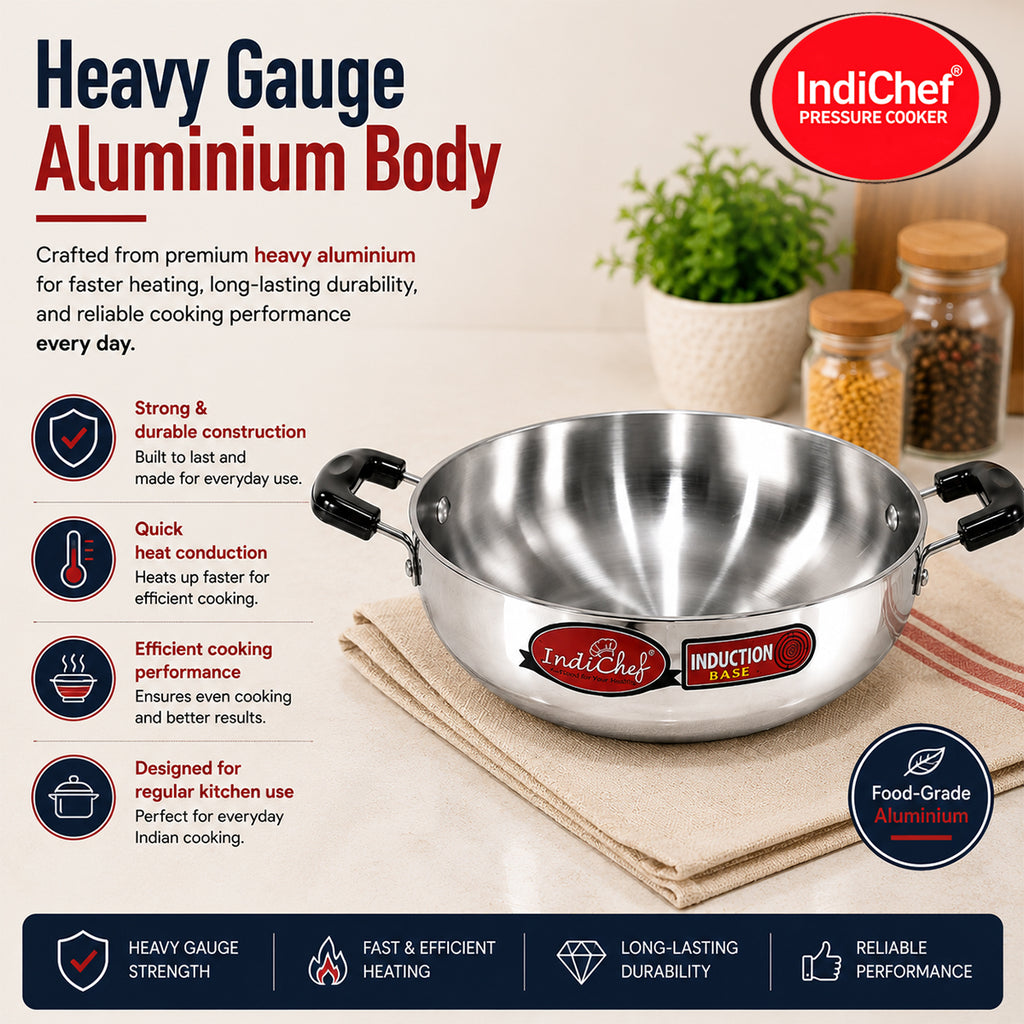 IndiChef Aluminium induction friendly Kadhai with Lid | Heavy Bottom Heavy Weight Kadai for Deep Frying & Cooking | Multipurpose Silver Cookware | Non Toxic Aluminium |