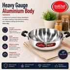 IndiChef Aluminium induction friendly Kadhai with Lid | Heavy Bottom Heavy Weight Kadai for Deep Frying & Cooking | Multipurpose Silver Cookware | Non Toxic Aluminium |